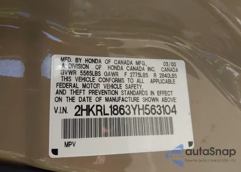 2000 Honda Odyssey Ex z USA, uszkodzony, nr VIN 2HKRL1863YH563104